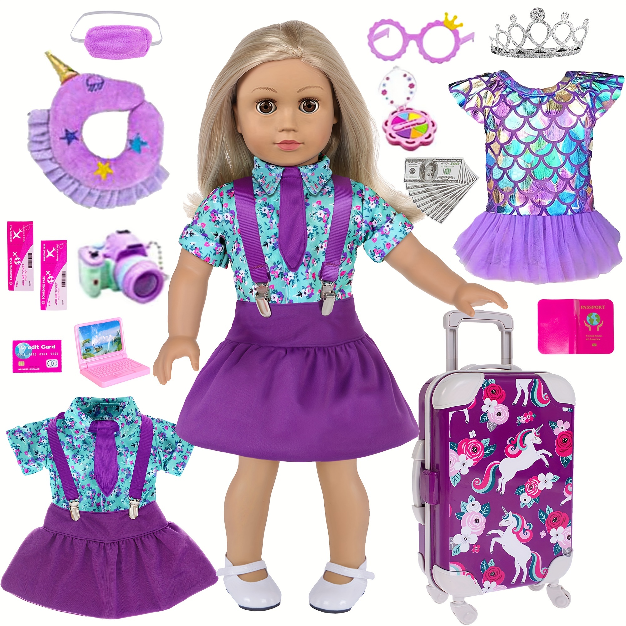 

25pc 18 Inch Girl Doll Clothes And Accessories Travel Case Luggage School Play Set With Pillow Camera Sunglasses For 18 Inch Dolls Travel Storage For Girls (no Doll)