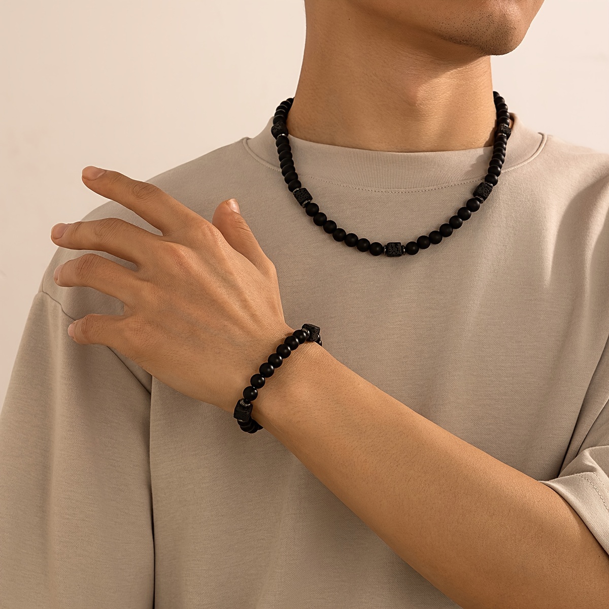

2pcs Men's Matte Stone Necklace & Bracelet Set - , Square Beaded Clavicle Chain Jewelry, Luxury, Pendant