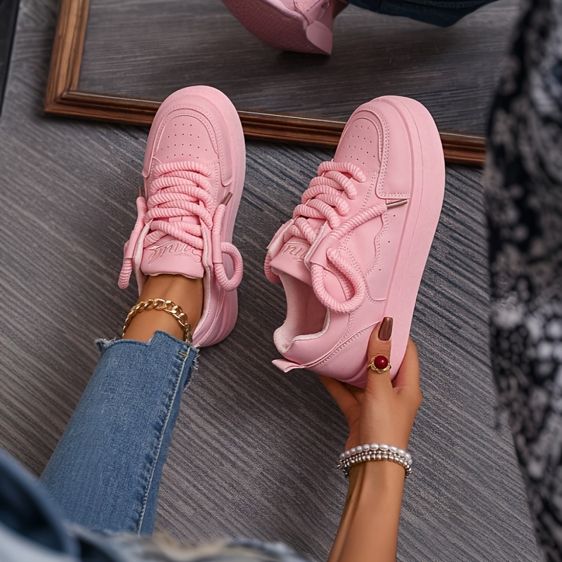 Women'S Bright Pink Casual Sneakers with Chunky Cushioned Sole - 3cm Thick, Lace-Up, Breathable Mesh Upper, All-Day Comfort, Rubber Sole, Low-Top Design, Perfect for Everyday Wear, Casual Footwear | Stylish Lowtops | Durable Rubber Sole, Sneaker