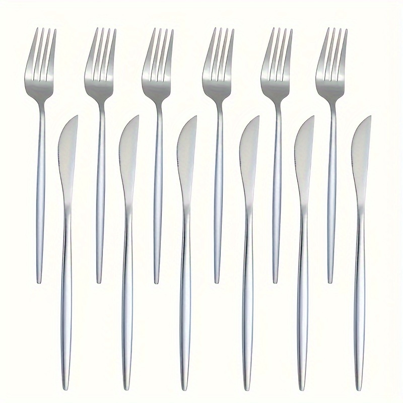 

12pcs Stainless Steel Cutlery Set, Mirror Polished Cutlery, Knife And Fork Combination, Reusable Cutlery For Restaurant Parties, Dishwasher Safe, Silvery/golden (6 Knives And 6 Forks)