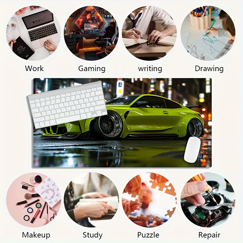 1pc Large Gaming Mouse Pad - Fluorescent Green Racing Car Design, Non-Slip Washable Rubber Base, Durable Desk Mat for PC & Office, Stylish Computer Accessory, Ideal Gift for Gamers & Professionals, Mouse Pads for Desk, Mouse Pad, Gaming, Desk Mat