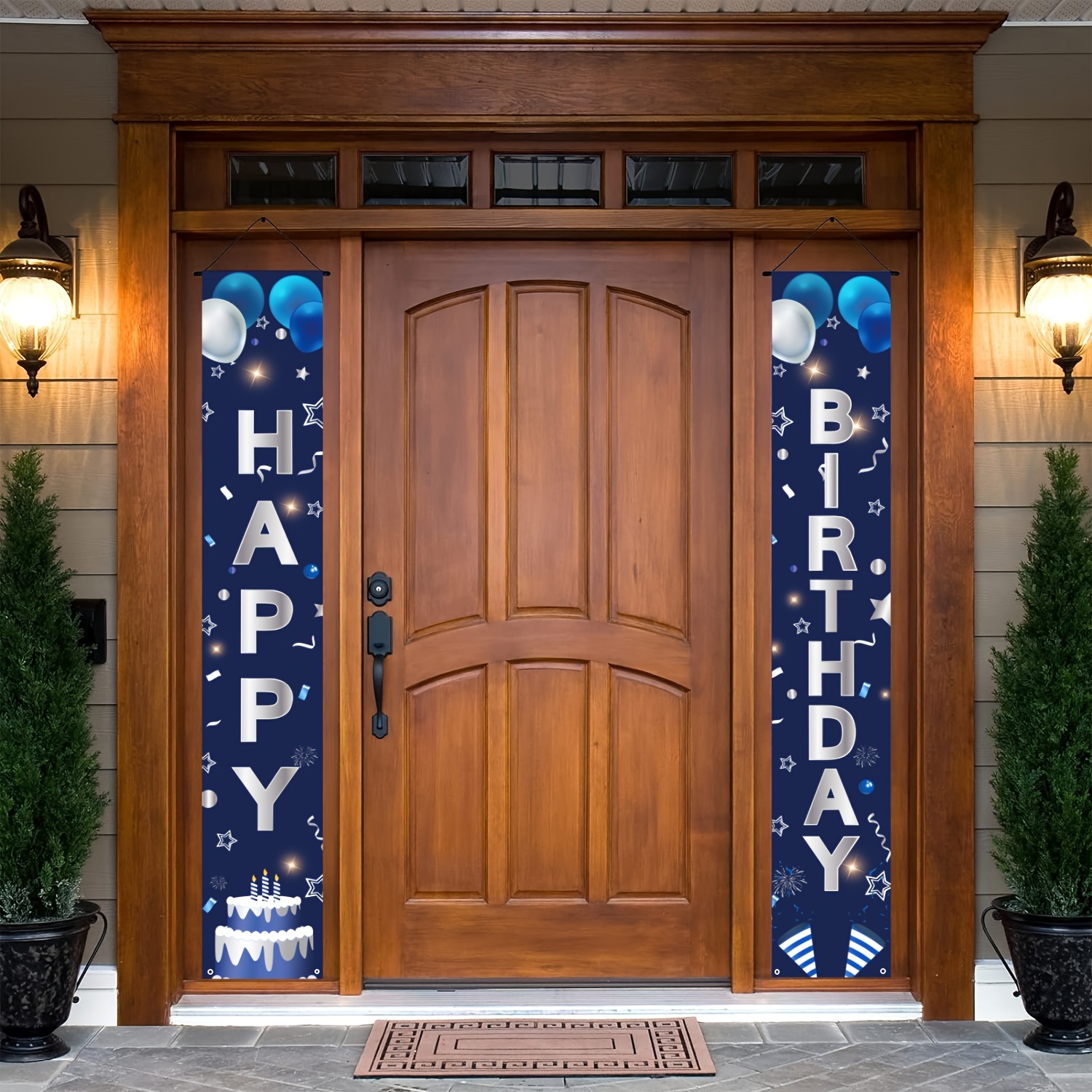 Image of Party Banner Set, 1 Set Of Happy Birthday Banner Couplets, Silvery And Navy Blue Happy Birthday Flags, Birthday Party Porch Sign, Birthday Party Gathering Supplies Decorations, Photography Props