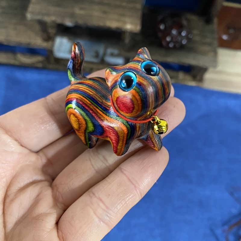 

Charming Handcrafted Wooden Cat Figurine - Colorful Miniature Animal Sculpture For Creative Home Decor Cat Decor Figurines Home Decor