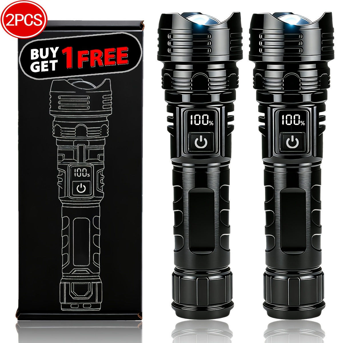 TEMU Buy 1 Get 1 Free - 2pcs Rechargeable Flashlight High Led Camping Flashlight Battery Operated With High Power, Long Range, Digital Display, Fast