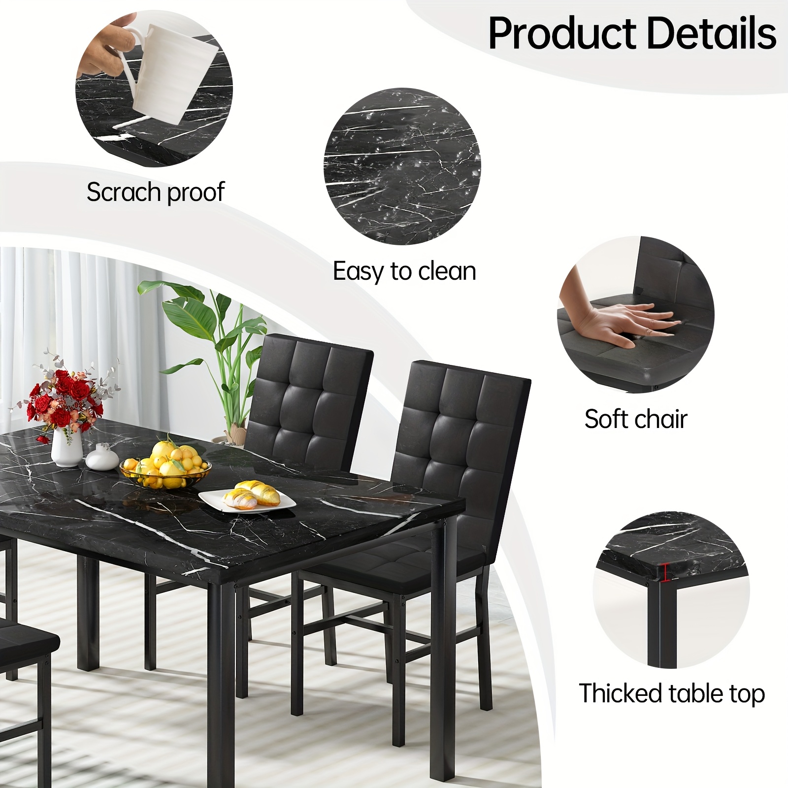 5pcs of dining table set dining room table set       kitchen table set 1 artificial anti marble pattern table and 4 metal legs chairs suitable for living room dining room kitchen furniture 7