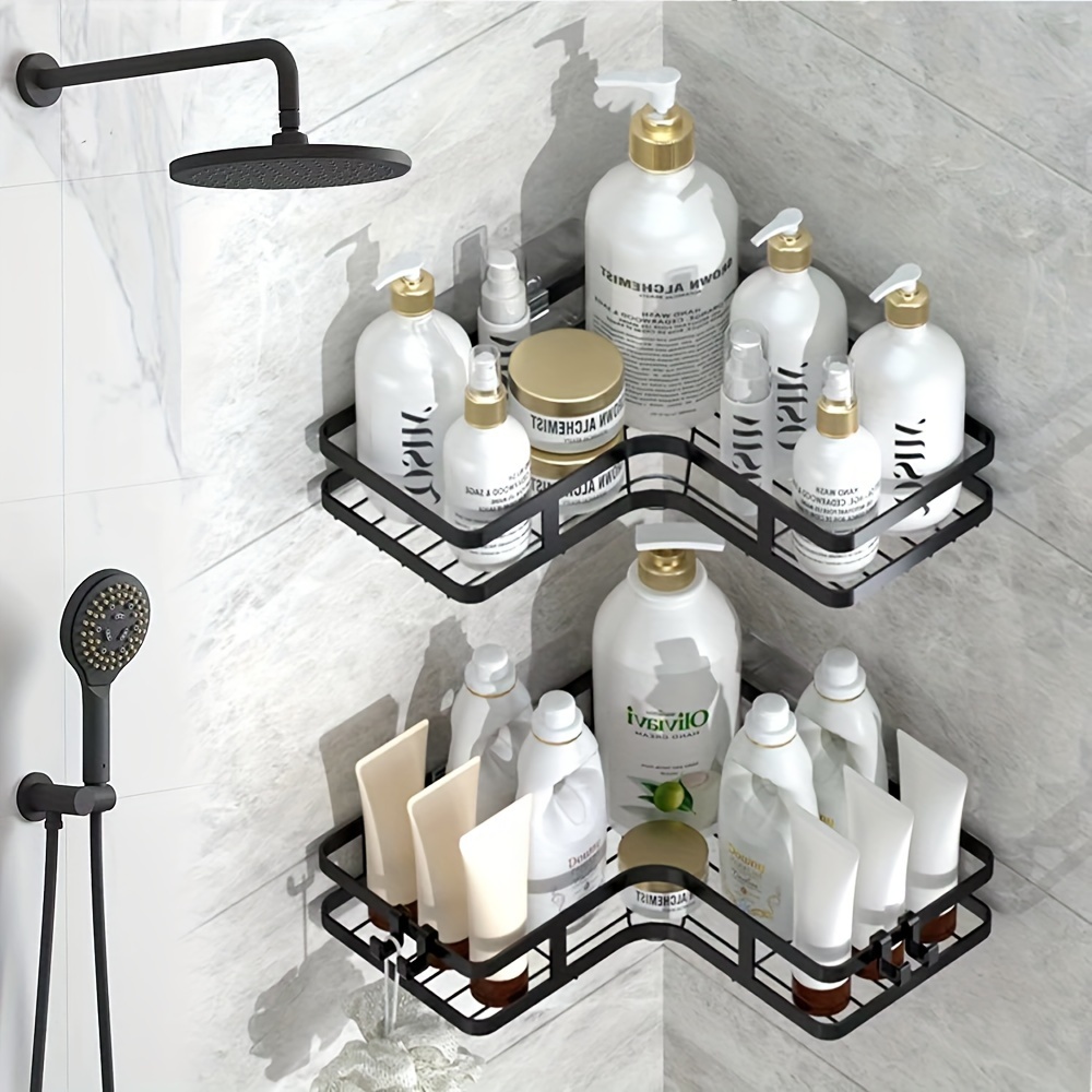 2pcs Corner Shower Caddy with 4 Hooks, No-Drill Shower Shelf, Bathroom Storage Organizer for Shower Accessories, Rust-Resistant Shower Storage
