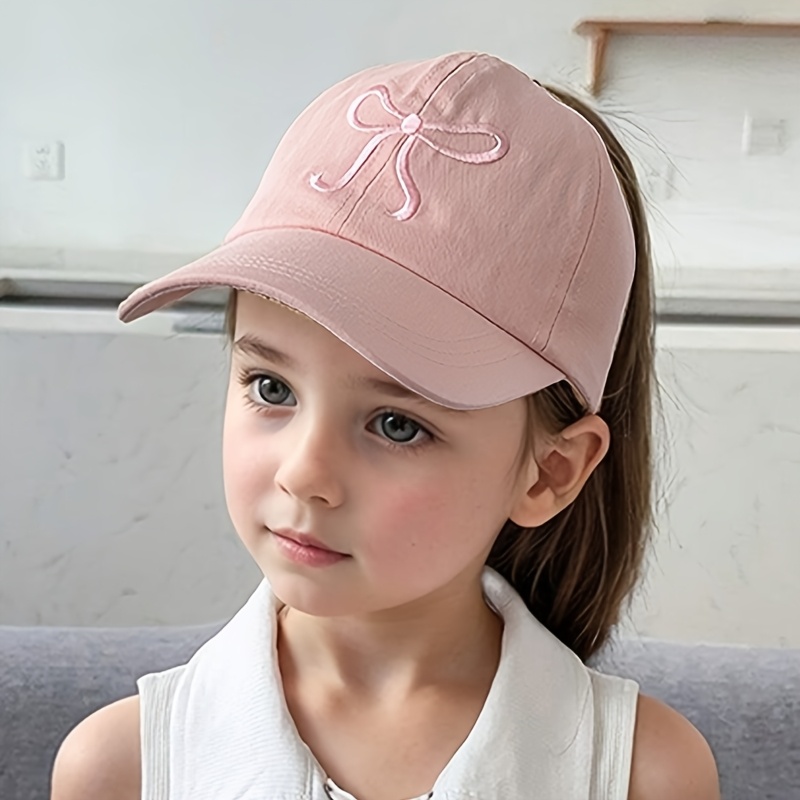 TEMU 1pc Hat Summer Empty Baseball Cap Girls Bow Embroidery Sun Hat With Ponytail Opening Suitable For Daily Outing Outdoor Sports Beach Sand And Mountain Climbing For
