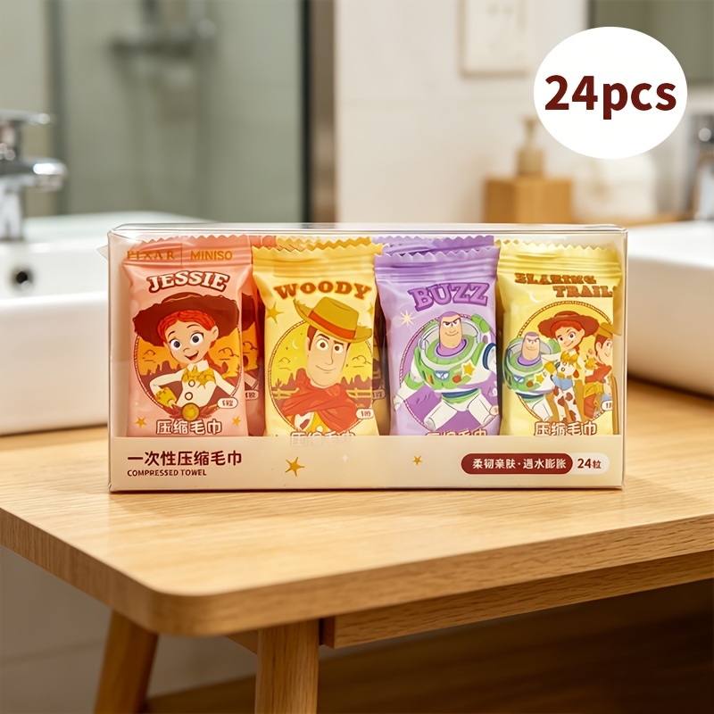 TEMU Miniso Toy -branded Disposable Compressed Towels, 24 Count, Candy-style Individual Sealed Pack, Compact Small Size, Space-saving, Multipurpose
