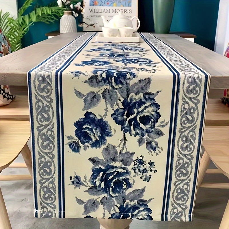 

Blue Rose Embroidered Floral Table Runner - 1pc Classic & Elegant White And Blue Polyester Tablecloth For Kitchen, Dining, Outdoor Garden, Holiday Parties & Banquet Room Decor, Electricity-free Use