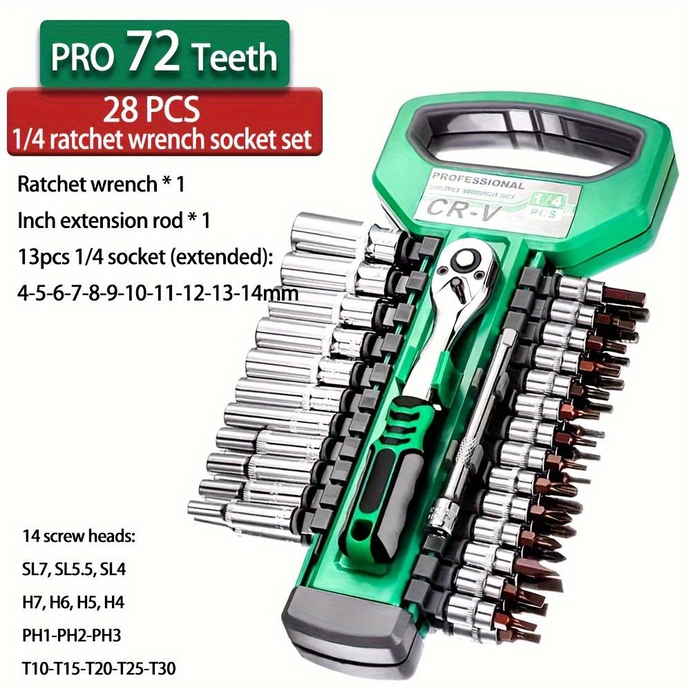 

Ratchet Socket Wrench Set 1/4 Inch Drive, Mechanic Tool Kit With 4mm-14mm Metric Sockets, Release Ratchet Handle And Extension Bar, Plastic Rack 28-pieces, 72 Teeth Ratchet Wrench