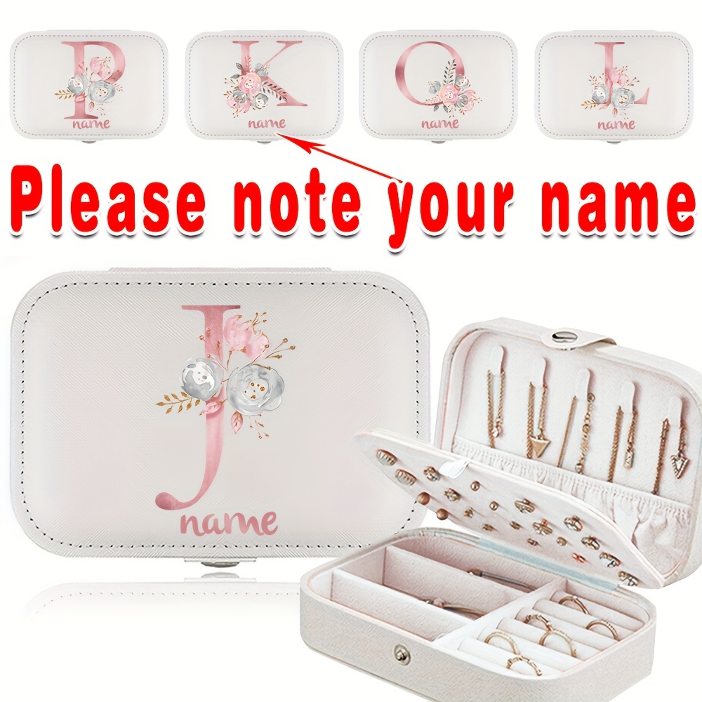 

Mini Jewelry Box With Pink Floral Letter Design, Custom Name Pu Leather Jewelry Organizer, Multifunctional Storage Case, Portable Holder For Bracelets & Earrings(6.2''x 4.3'')