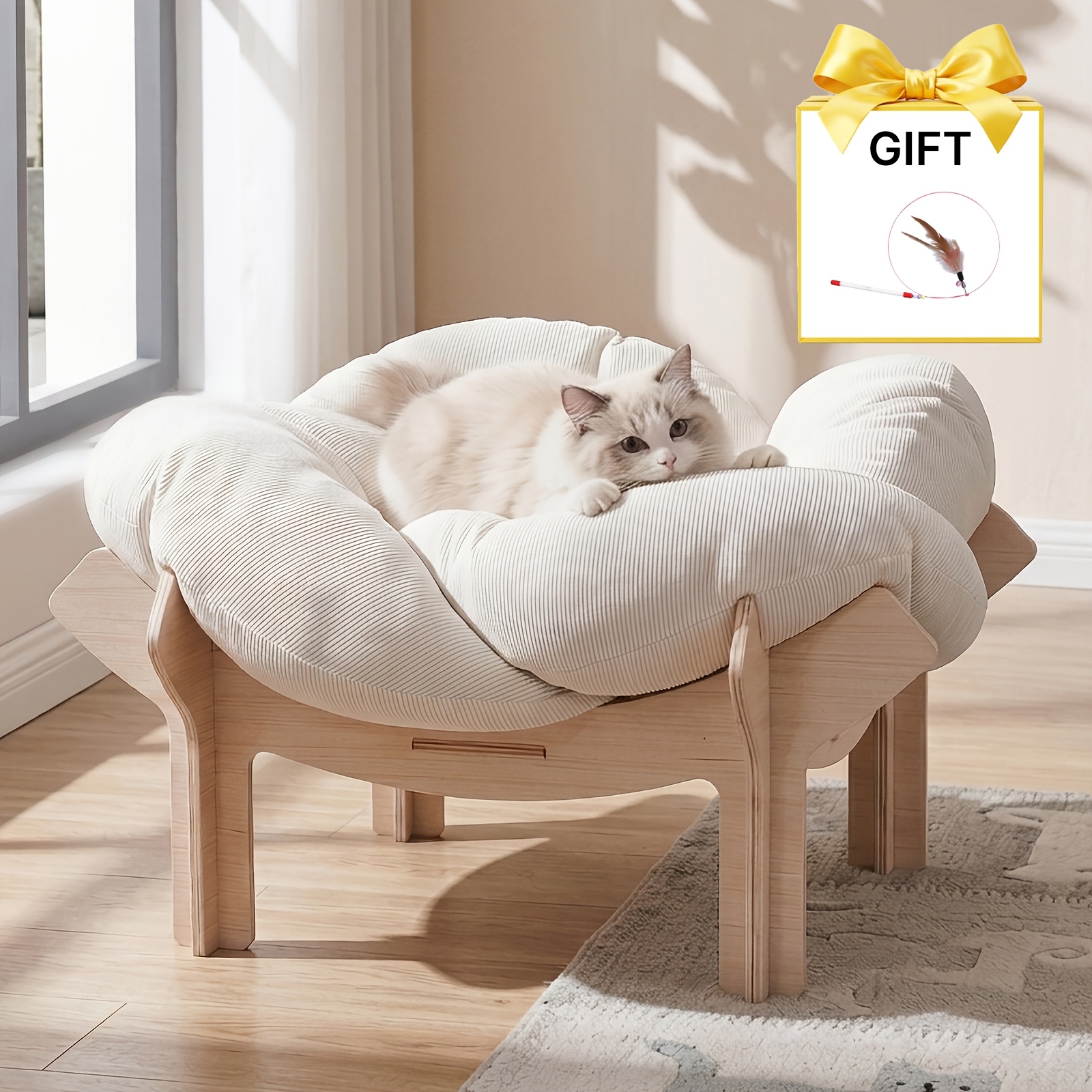 Cat Bed, Flower-shaped Pet Bed For Cats And Small Dogs - Solid Wood Base, Elevated Pet Sofa With Removable Mattress, Indoor Lounge, Easy To Assemble, Space-saving Design