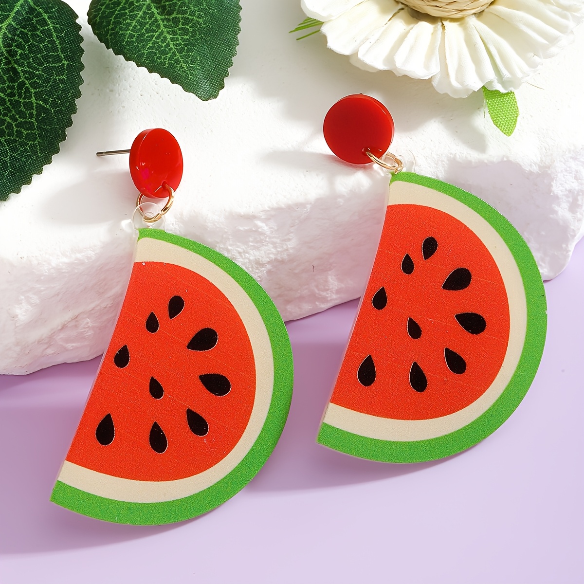 

Creative Cartoon Acrylic Earrings Shaped Watermelons, -themed Holiday Wear For Women.