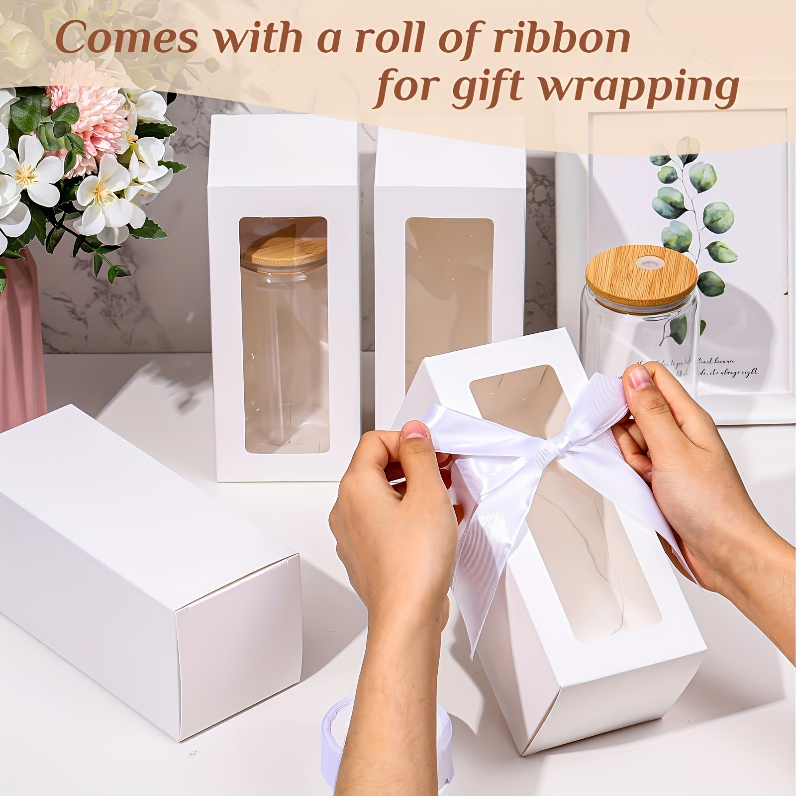 

Set Of 10 Transparent Gift Boxes With Ribbons For Sublimation Glass Displays - Includes A Window And 1 Ribbon For Tumblers, Jars, And Sublimation Glass Can Blanks - Party Supplies.