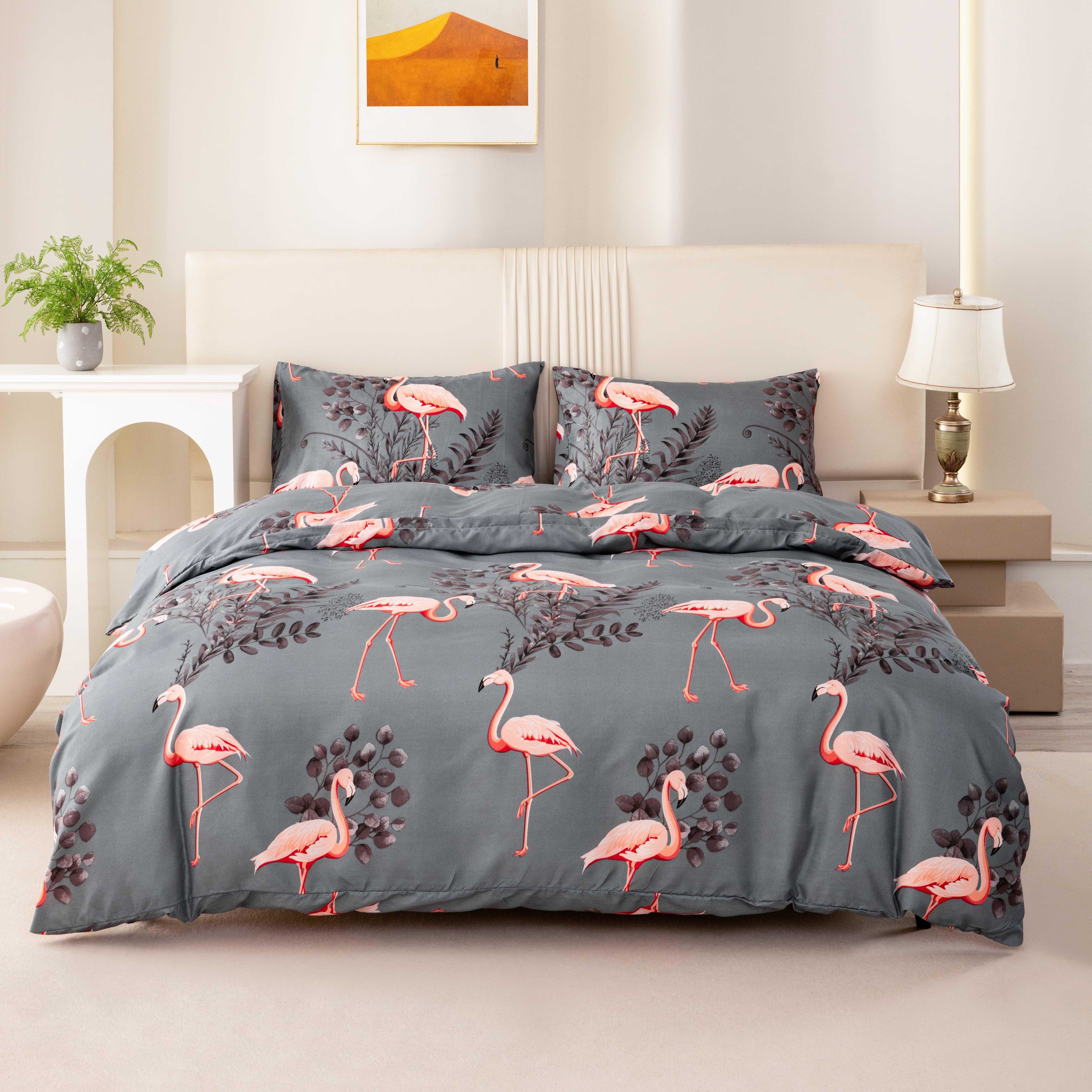 Image of 3pcs Printed Flamingo Polyester Comfortable Breathable Duvet -piece Set 1 Duvet Cover + 2 Pillowcases (no Bed Sheet, No Filling)