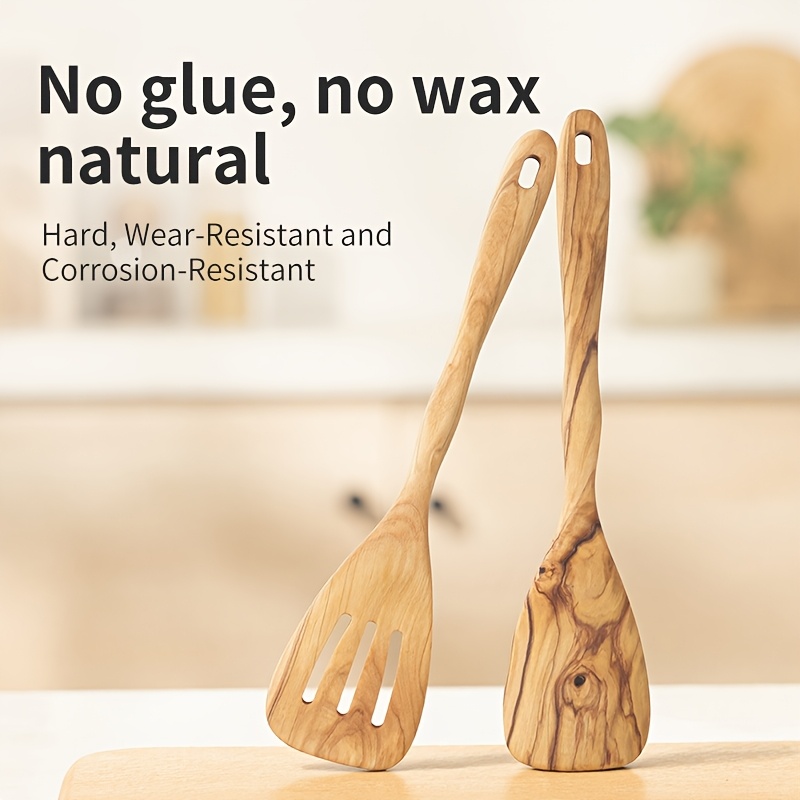 Olive Wood 6pcs Kitchen Utensil Set Long Handle Household Spatula Slotted Spatula Spoon Slotted Spoon Corner Spoon Mixing Salad Pasta Scooping Stir-Frying Non-Stick Pan Household