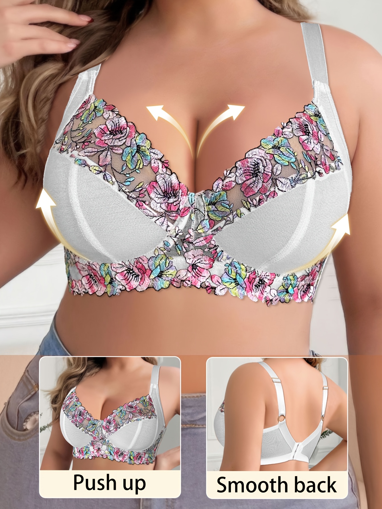Embroidered Patchwork Plus Size Women'S Bra, with Underwire, Casual And Comfortable Bra, Beautiful Back Design, Thin Style