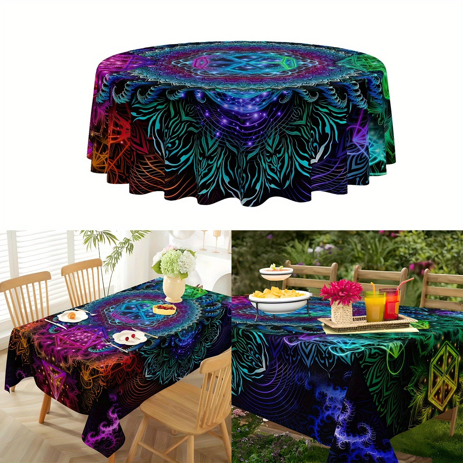 

1pc Round Polyester Tablecloth - Mandala Bohemian - Machine Woven, Waterproof, For , Bbq, Picnic, Home Kitchen Decoration (60 Inch)