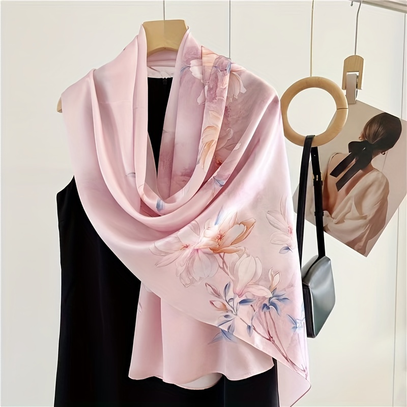 

Elegant Floral Print Silk Scarf For Women, Silk, Breathable Long Shawl, Decorative Weekend Casual Wrap, Hand-washable