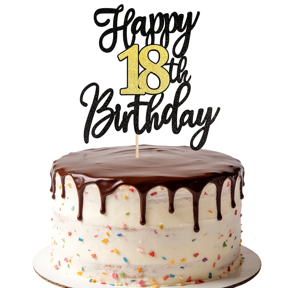 1pc Black Golden Glitter 18th Happy Birthday Cake Topper, Cheers To Birthday, 18th Birthday Party Decorations For Adult Teen Birthday Cake Supplies