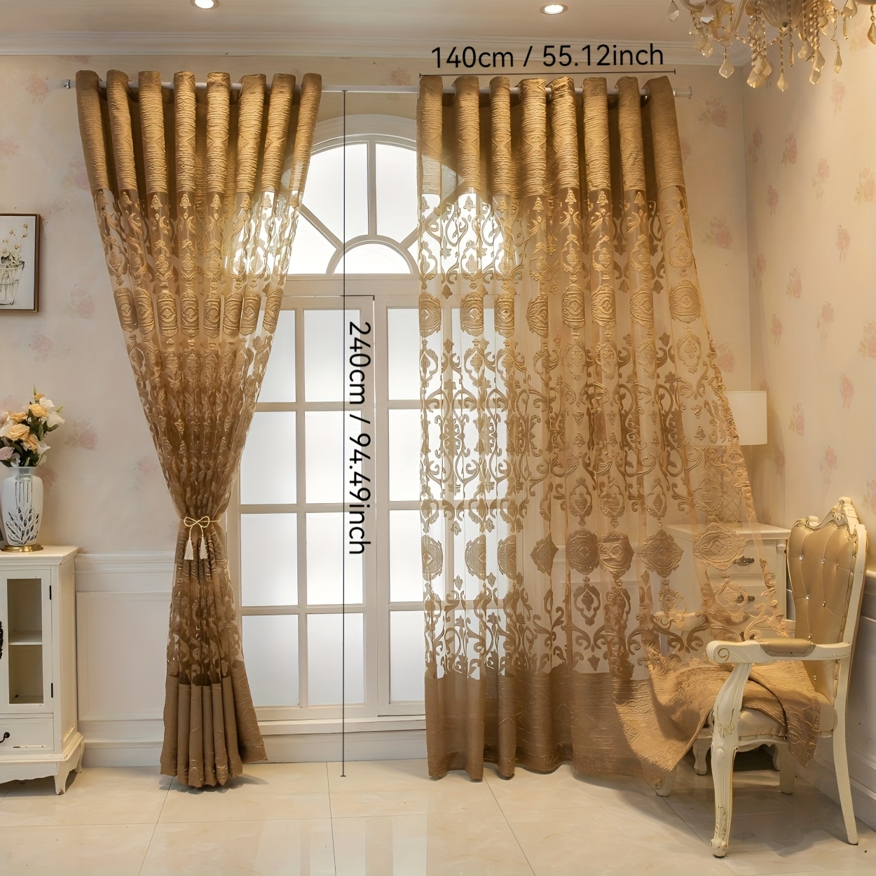 TEMU Nouveaux rideaux minimalistes en dentelle dorée, 2 pièces, faciles à installer dans , les salons et les balcons