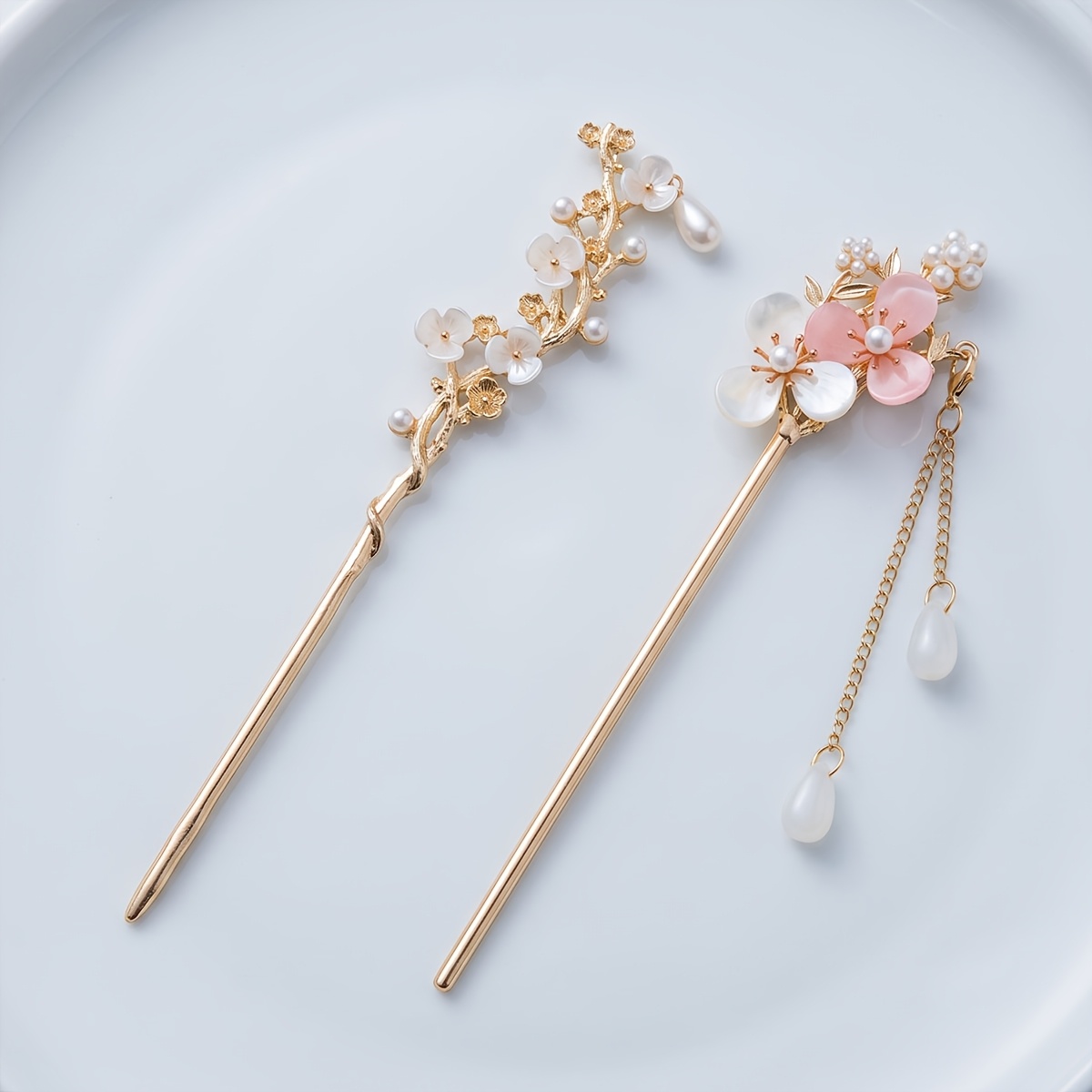 TEMU 2pcs Elegant Floral Hairpin Set - Vintage Golden Chinese Hairpins, With Faux Pearls And Tassels, Traditional Hanfu Hairpins, Women's Hair Bun