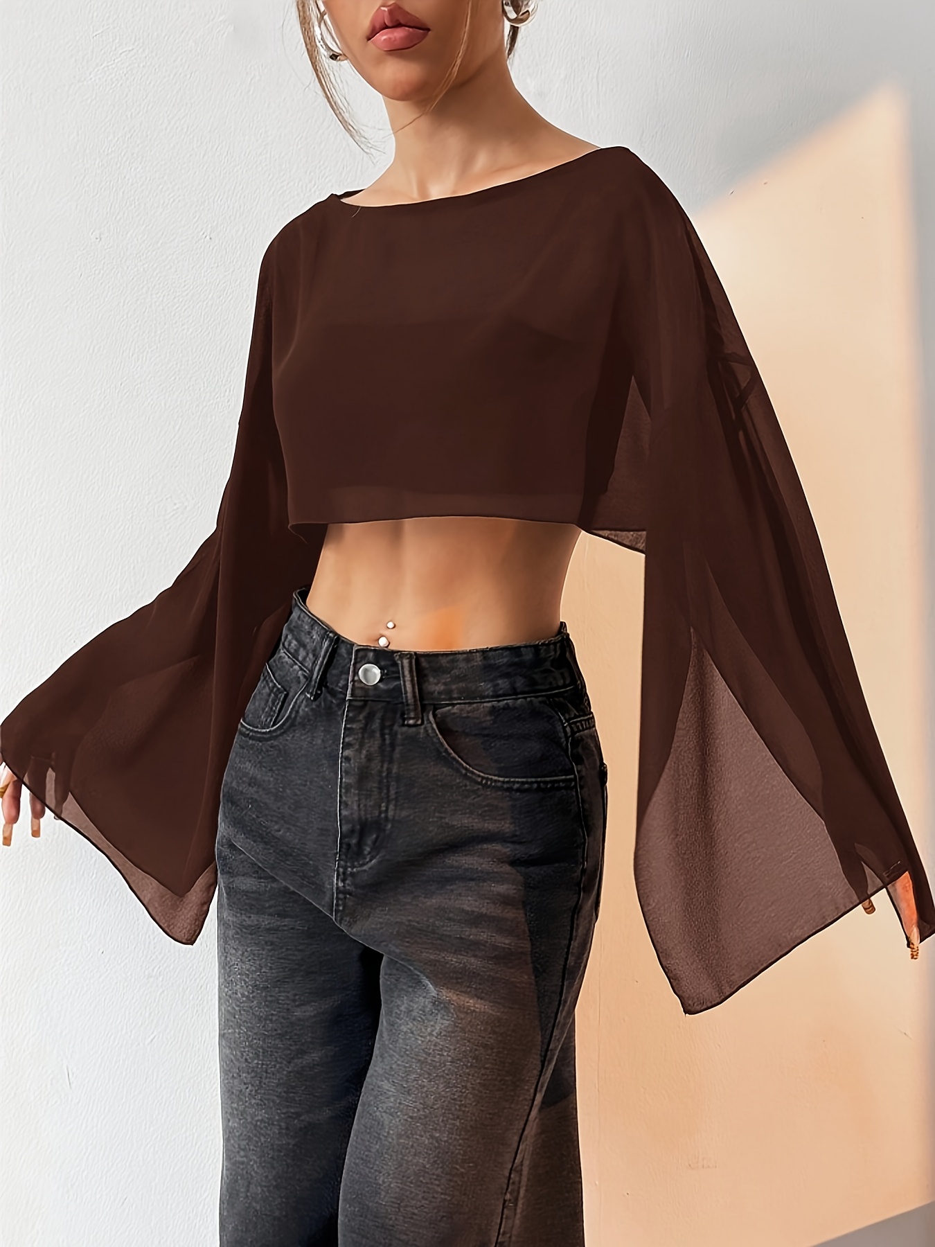 womens elegant batwing sleeve crop top sheer round neck blouse with   hem loose fit short sleeve shirt for spring summer beach cover up casual outing attire summer fashion soft texture spring fashion