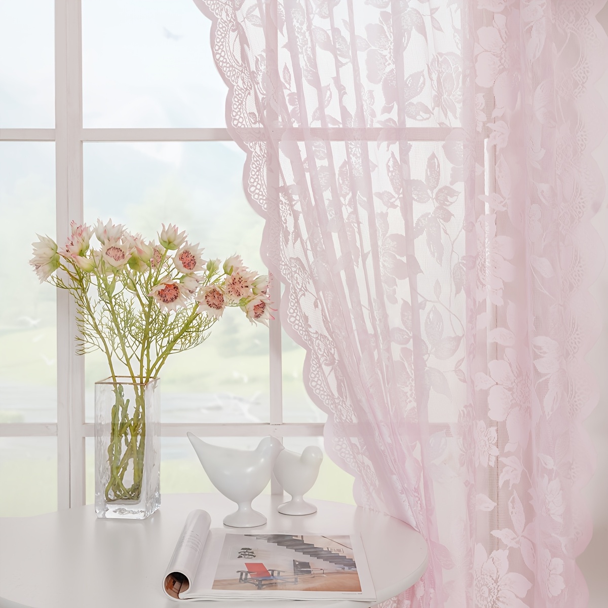 E-shop 2 Stück Jacquard-Spitze Gardinen mit Doppellagen und Integriertem Wellenkante, Bügelung Nicht Erforderlich, Maschinenwaschbar für Schlafzimmer