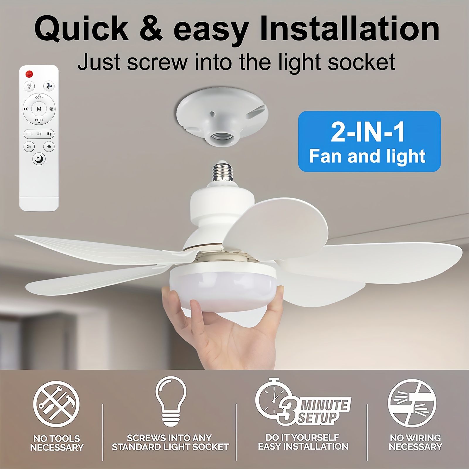 Ventilador de Techo con Luz y Control Remoto, Iluminación LED con Ventilador, 3 Velocidades de Flujo de Aire Silencioso y 3 Temperaturas de Color (3000K-4500K-6500K), Instalación Sin Herramientas + Temporizador, Ventilador de 6 Aspas E26/E27, Ideal para Dormitorio, Sala, Cocina, Garaje, Tiendas y