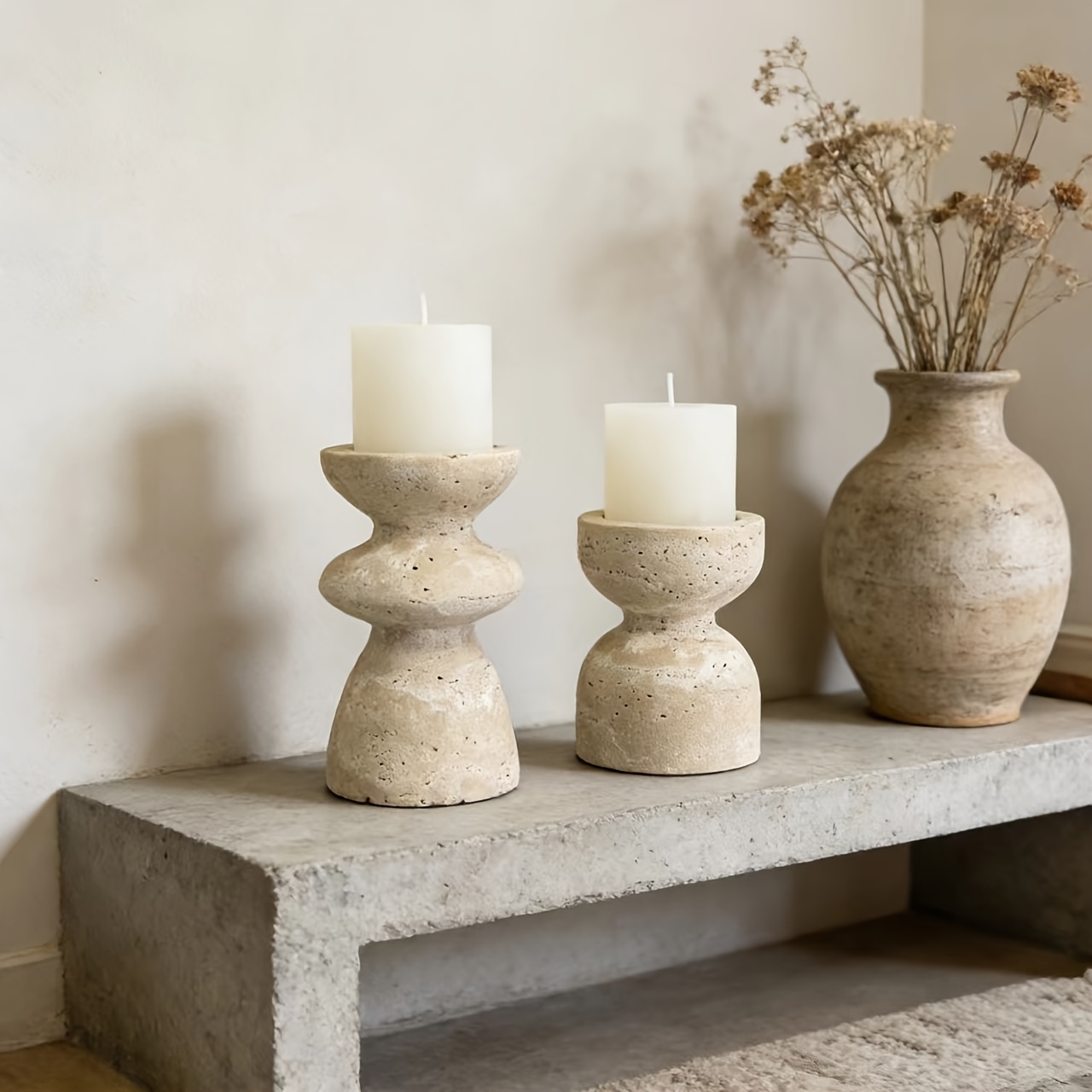 2pcs Elegant Minimalist Natural Marble Hand-Carved Beige Candlestick, Suitable for Living Room, Dining Room Home Centerpiece Decoration, Wedding Party And Other Occasions