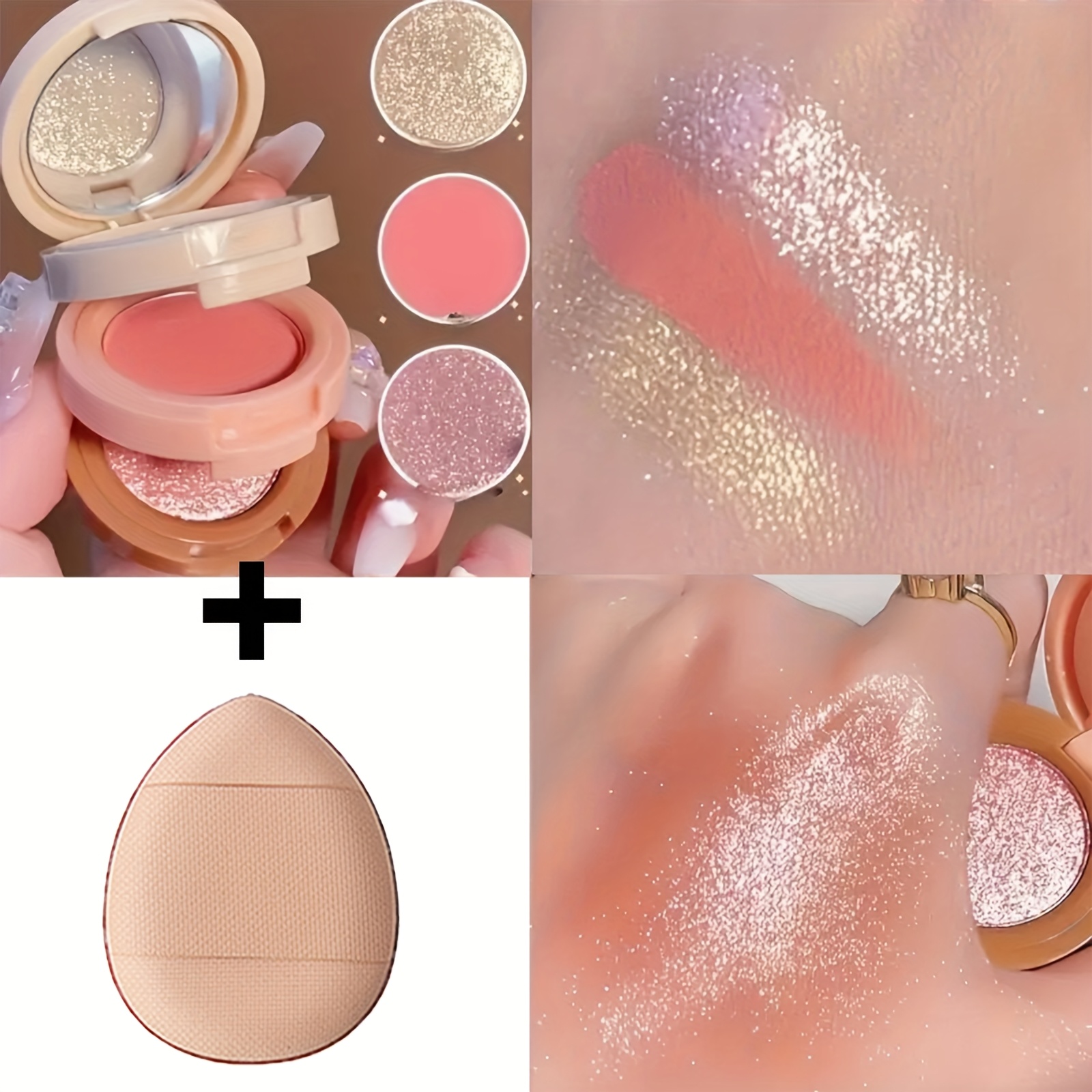 Image of 1pc Blush And 1pc Thumb Puff, Pearlescent And Matte Makeup Effects, Used As Blush, Eyeshadow, And Highlighter, Suitable For Beginners, Ideal Holiday Gifts, Women's Cosmetics