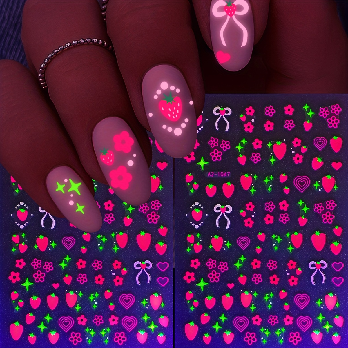 Image of 2 Sheets Y2k Glow In The Light Nail Stickers, Love Heart & Strawberry Neon Art Stickers, Luminous Fluorescent Lovely Bright Colors For Nail Art Decals, Nail Art Supplies For Women