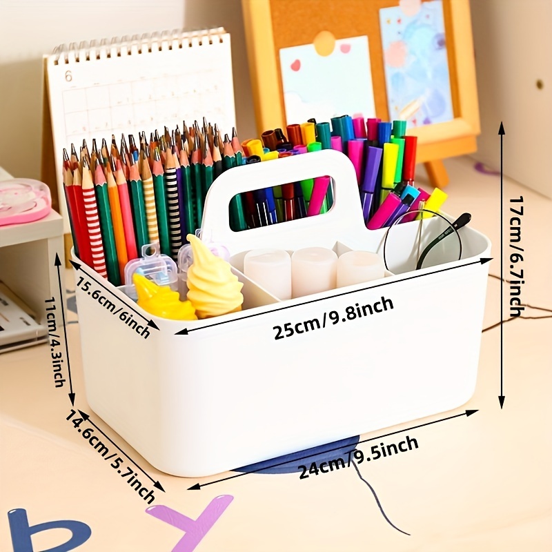 1pc Portable Plastic Divided Storage Box With Handle For Art Tools,  Classroom Supplies, Desk Organizer, Random Color