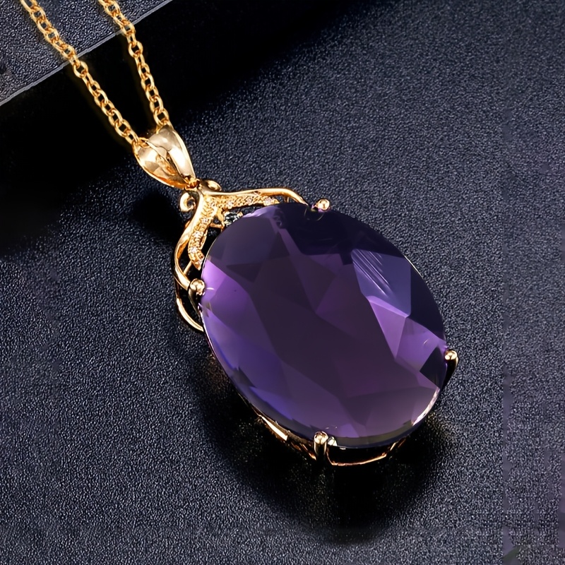 Image of Temperament Luxury Inlay Purple Synthetic Zirconia Oval Pendant Necklace For Women Banquet Wedding Elegant Necklace Jewelry