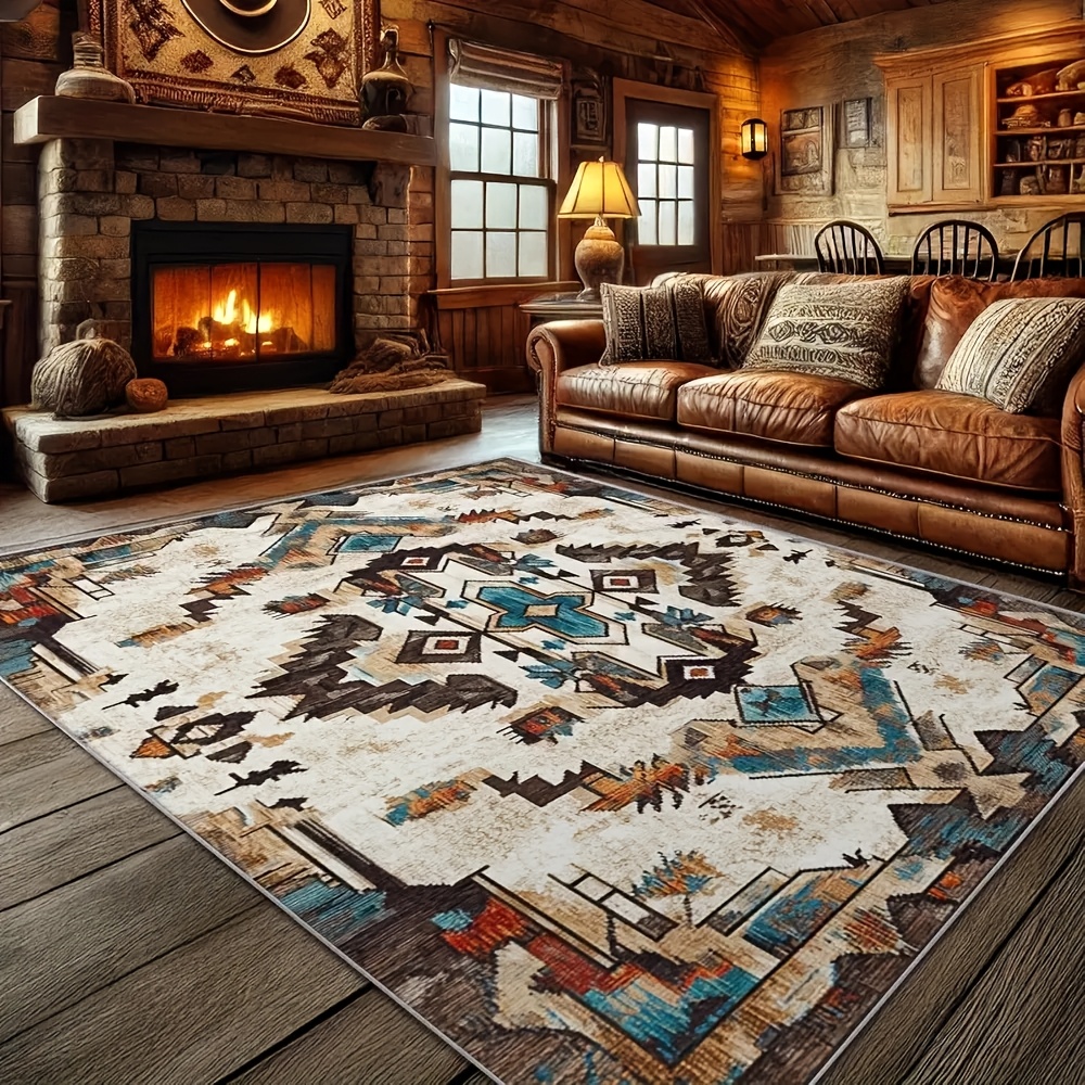 TEMU Large Tribal Rug Aztec Turquoise - Soft Floor Mat Suitable For Living Room Bedroom, Vintage Decor, Machine Washable Jumbo Size With Rubber