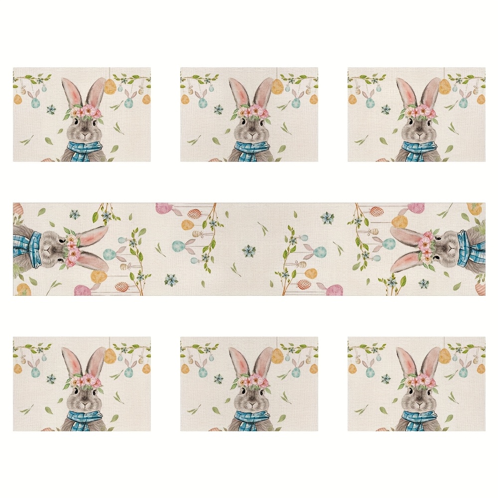 

Set Of 7 Easter Table Runners Featuring 6 Placemats, With Bunny Designs, Spring Holiday Decor For Indoor And Outdoor Dining Tables.