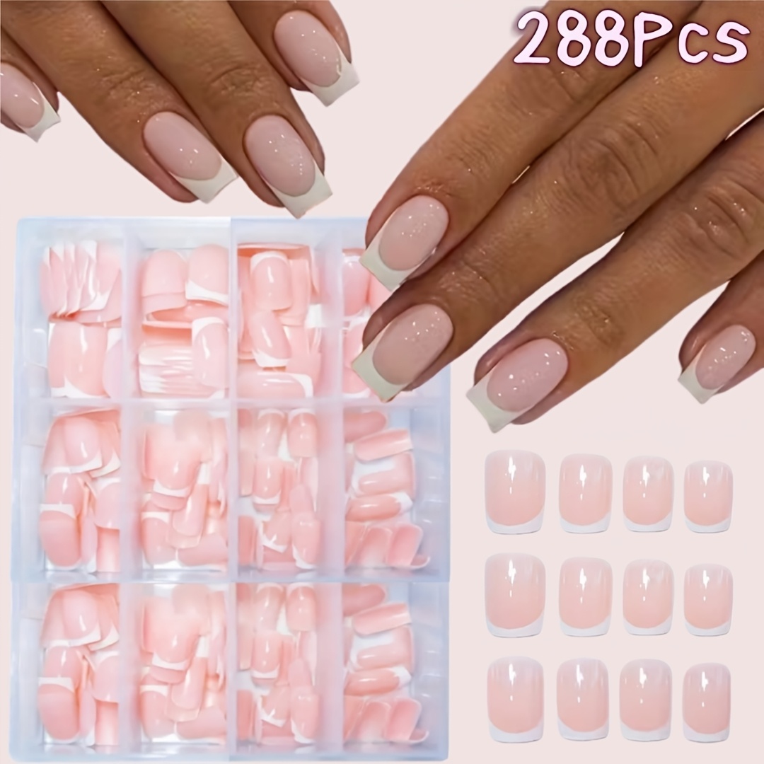 E-shop 288 Stück Kurze Quadratische Aufdrück-Nägel, Pinke Französische Falsche Nägel, Beschichtung Vorbeschichtete Nagelspitze Primer und Primer, 12