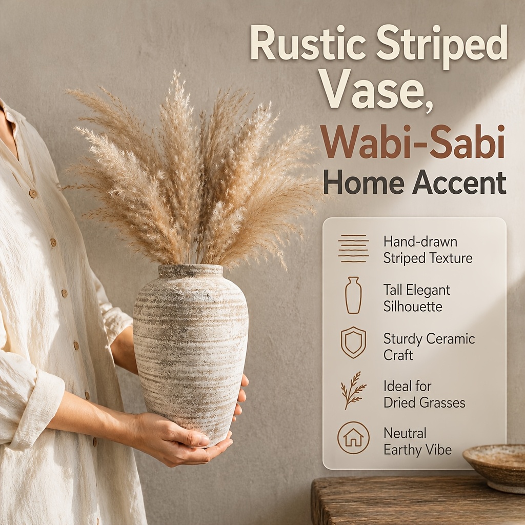 TEMU Boho Farmhouse Vase Suitable For Living Room, Coffee Table & Mantel Decor - Vintage Terracotta Cylindrical Vase With Ridged Texture, Rustic Boho