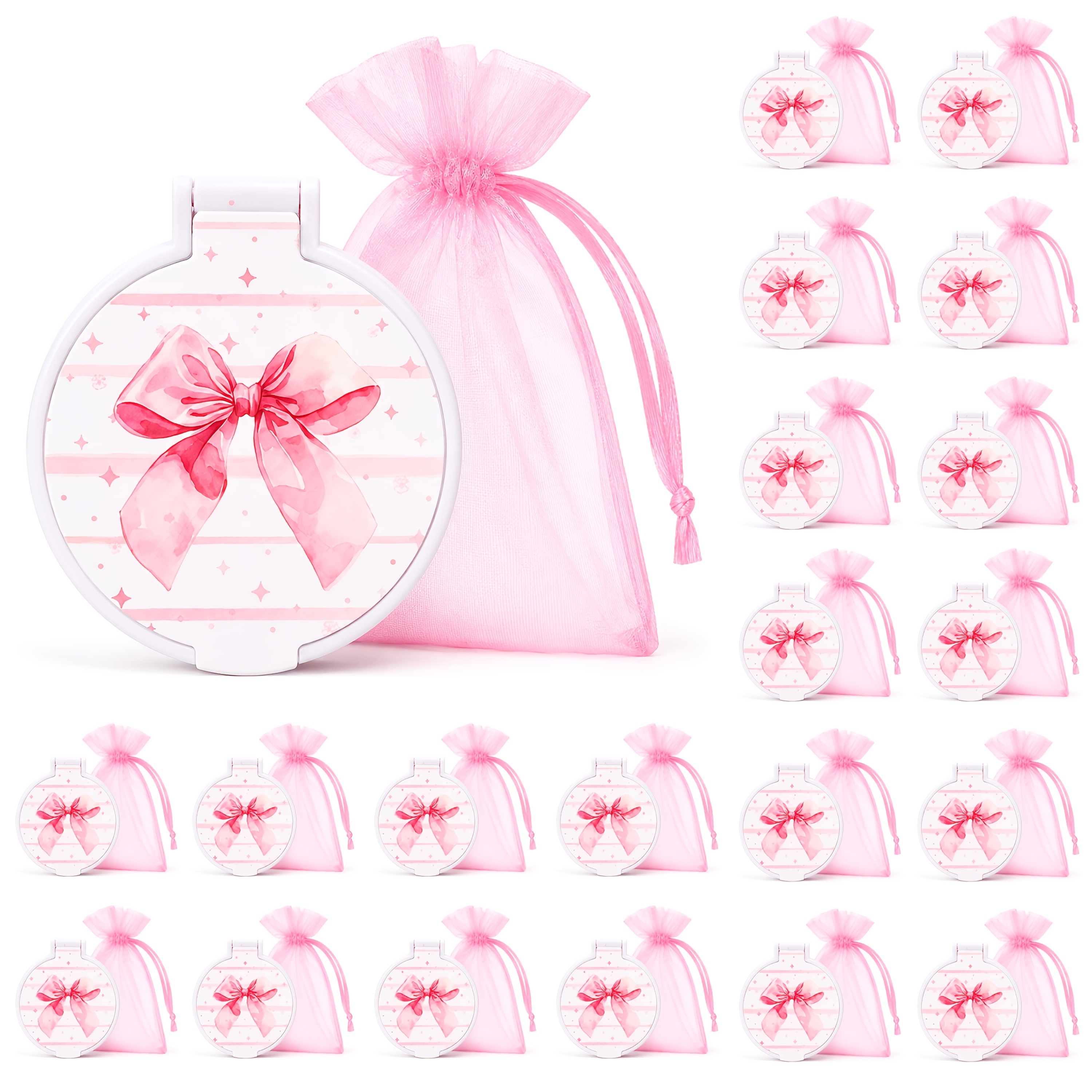 TEMU 40pcs/set Portable Folding Makeup Mirrors With Stand & Pink Gift Bags - 20 Mirrors Suitable For Travel, Folding Design, White/pink Bow Print