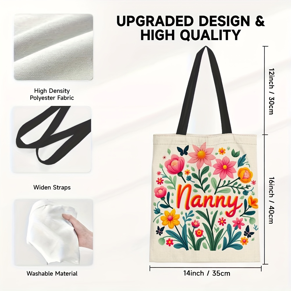 TEMU 1pc Floral Nanny Tote Bag - Lightweight & Foldable Shopping Bag With "nanny" Letter Design, Perfect Gift For Women, Aunts, Sisters, And , Ideal