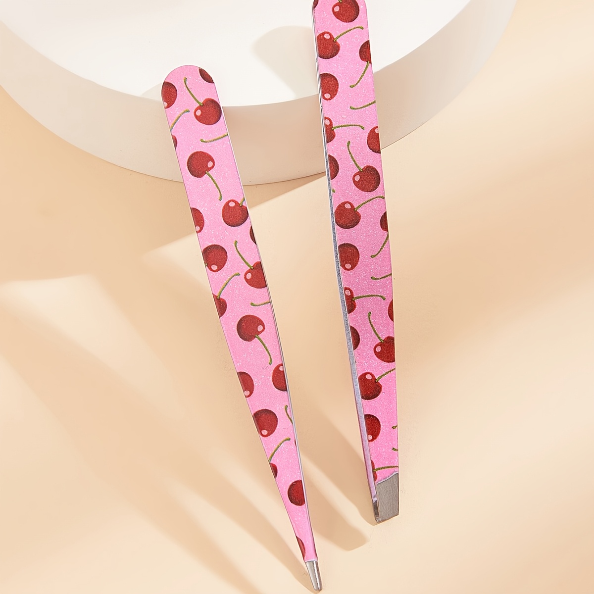2pcs Fruit Pattern Tweezers - Cherry Design - Stainless Steel Precision Tweezers For Eyebrows - Cute & Practical Makeup Tools For Home & Travel