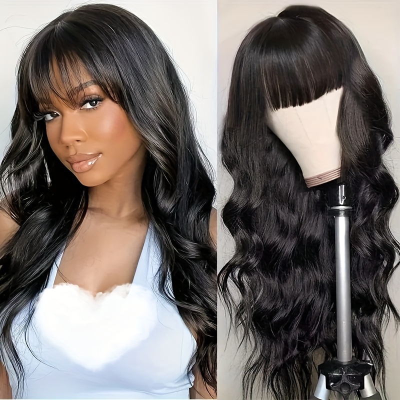Image of 180% Density Brazilian Human Hair Blend Body Wavy Wigs With Bangs Long And True Length Human Hair Blend #1b Glueless Body Wavy Full Machine Made Scalp Top Wig No Lace Front Wigs For Women