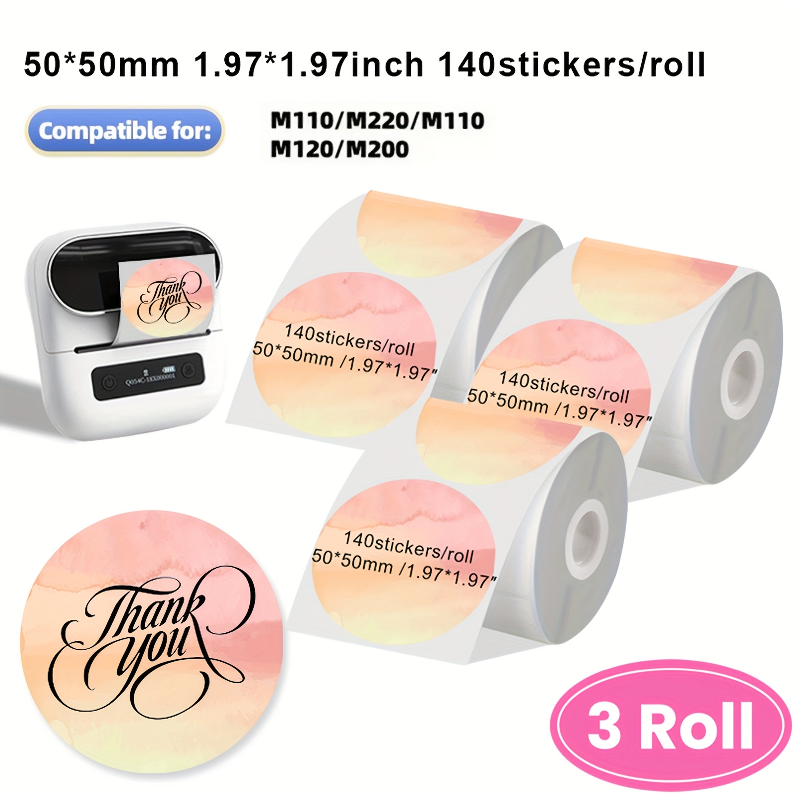 TEMU 1 Rolle/3 Rollen mit je 140 Etiketten/Farbverlauf-Thermotransparentetiketten 50mm*50mm/1.97in*1.97in für Heimgebrauch Kleiner Drucker Geeignet