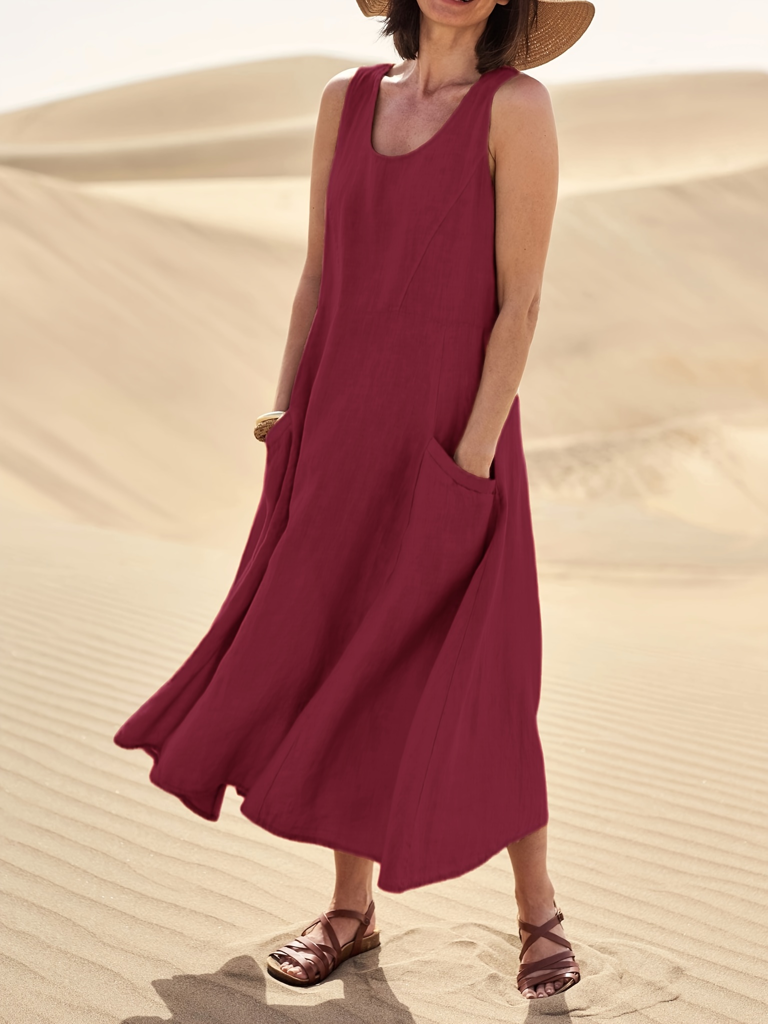 Women's Casual Sleeveless A-Line Midi Dress with Pockets Solid Color  Round Neck Spring Outfit, Machine Washable, Dresses for Summer