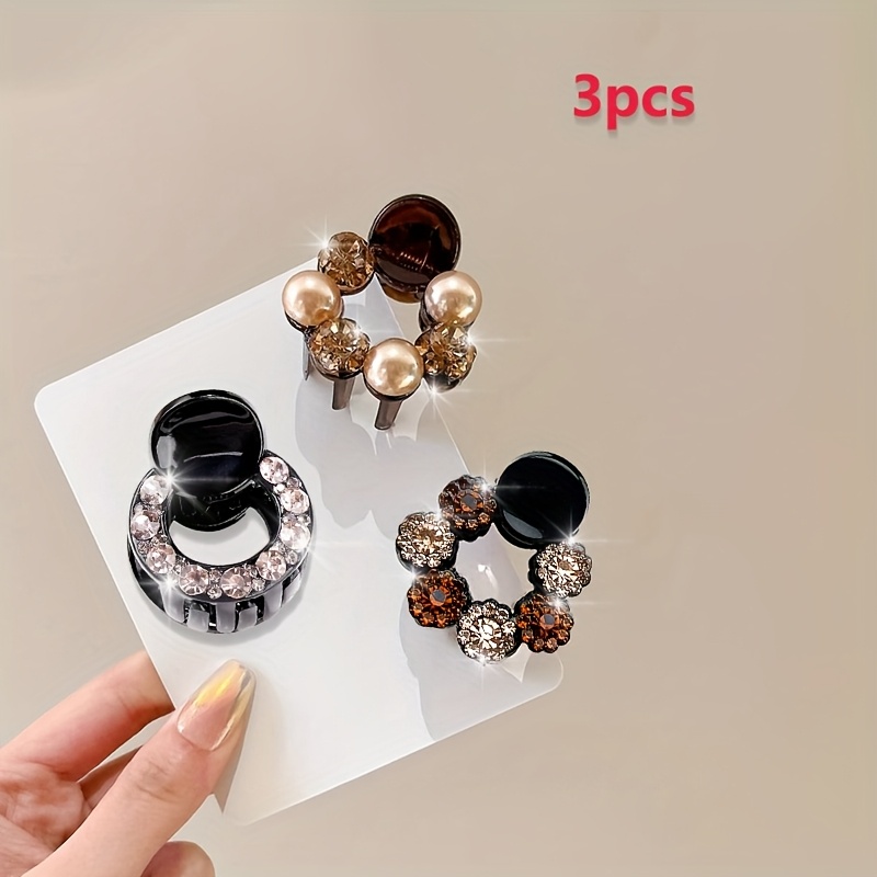 E-shop 3-teiliges neues Luxus-Set mit glänzenden Strass-runden Acryl-kleinen Haarklammern für Damen, elegante runde Perlen-kleine Haarkralle,