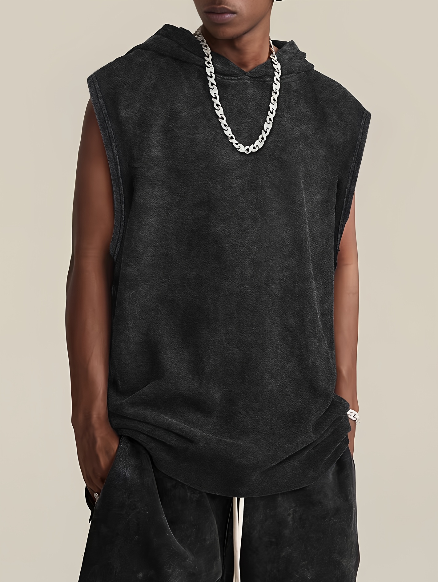 mens punk rock band hooded vest sleeveless distressed black Temu