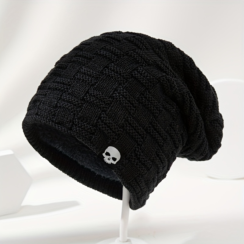 's Outdoor Winter Warm -lined Knitted Hat With Logo Decoration, Unisex Outdoor Warm Casual Brimless Beanie, A Stylish And Versatile -lined Ski Hat And Cycling Cap