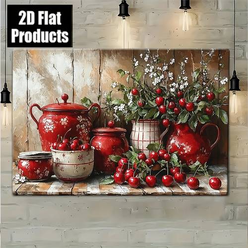 2d flat 2d flat vintage american framed wall art red pots and cherries still life painting on premium canvas classic wooden border for living room kitchen bedroom decor summer autumn home decoration house decor kitchen artwork