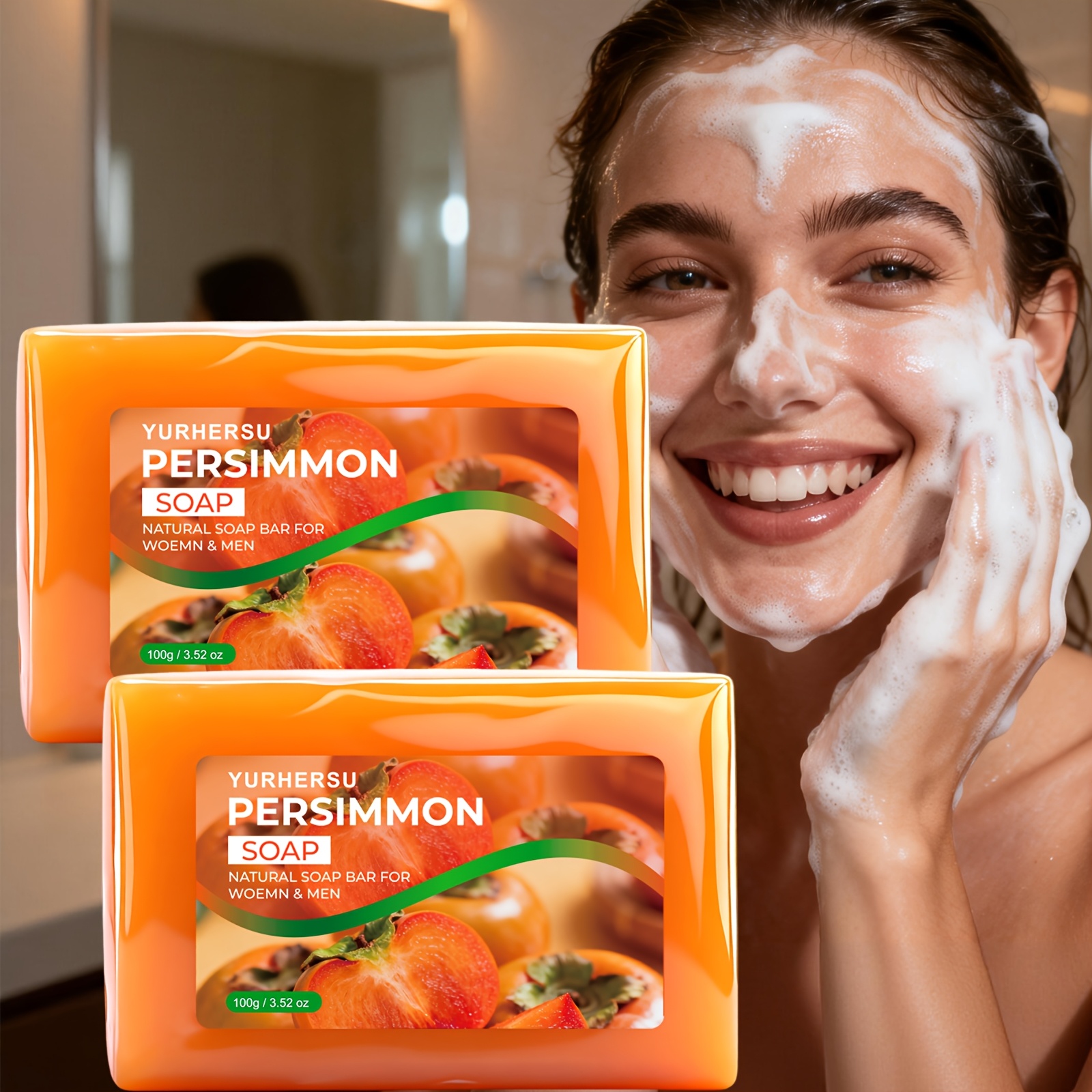 Persimmon Soap Bar With Persimmon Extract, 3in 1 Cleanser For Face, Body & Hair, Deep Clean And Control Smell, Suitable For Types, Light Beige, Handmade