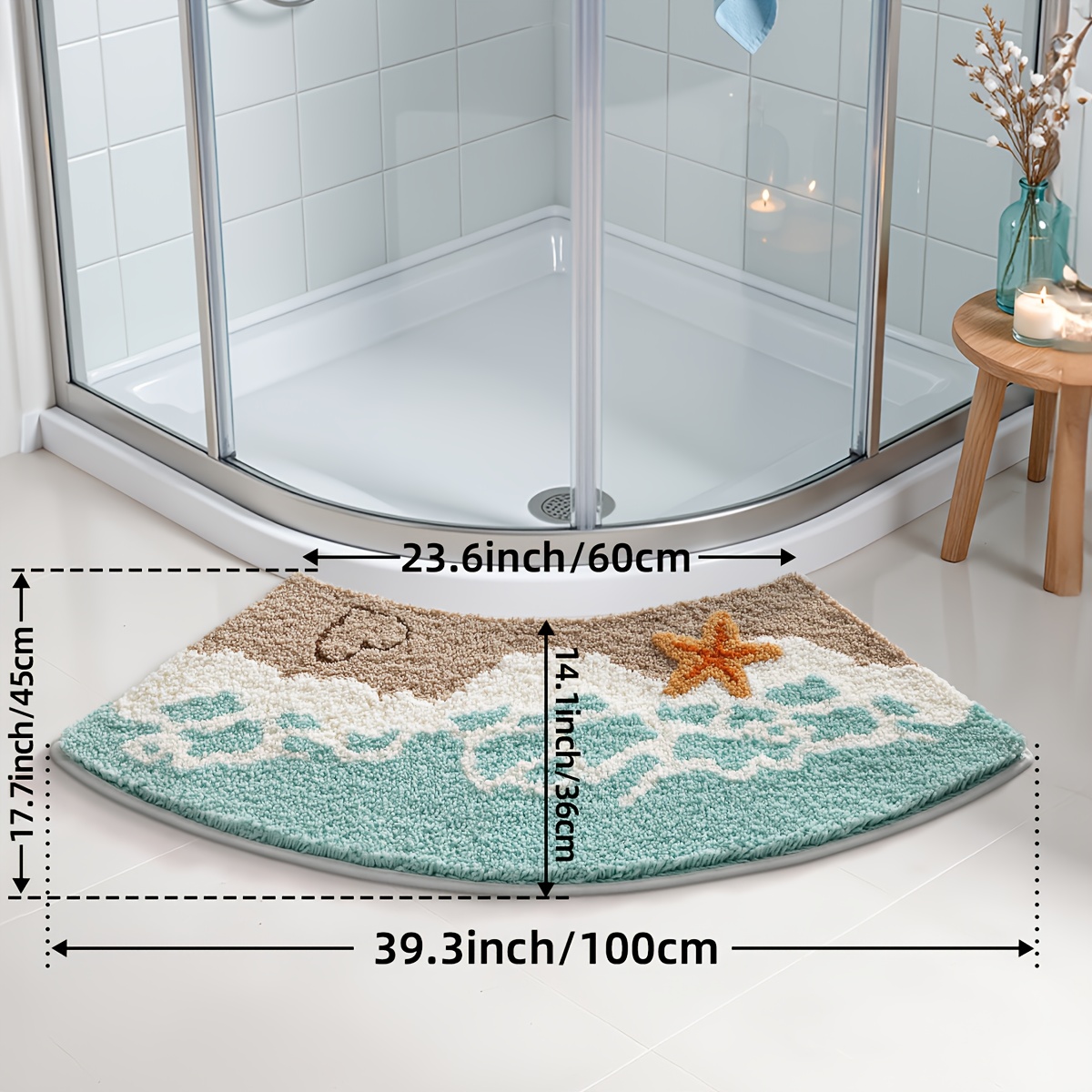 TEMU 1pc Fluffy Curved Corner Bathroom Mat Rug, Beach Pattern Fluffy Bathroom Rug Bath Mat, Absorbent Premium Bathroom Rug, Non-slip Comfortable